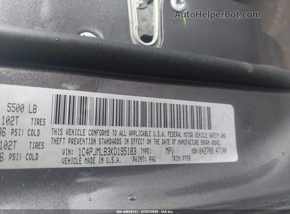 1C4PJMLB3KD195183 2019 JEEP CHEROKEE Gray Vista del compartimento del motor