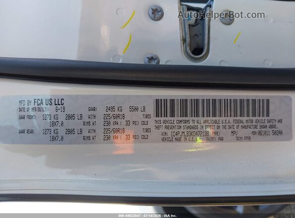 1C4PJMLB3KD472138 2019 JEEP CHEROKEE White Vista del compartimento del motor