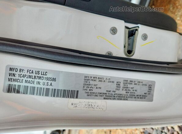 1C4PJMLB7MD190586 2021 JEEP CHEROKEE White Вид наклейки з VIN-кодом