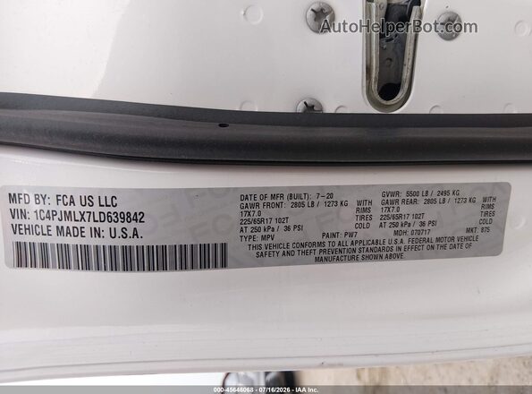 1C4PJMLX7LD639842 2020 JEEP CHEROKEE White Вид підкапотного простору