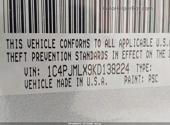 1C4PJMLX9KD138224 2019 JEEP CHEROKEE Серый Вид подкапотного пространства