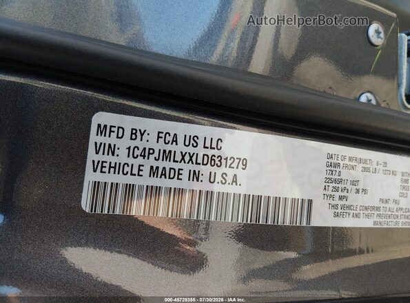 1C4PJMLXXLD631279 2020 JEEP CHEROKEE Серый Вид подкапотного пространства