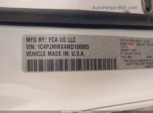 1C4PJMMX4MD100885 2021 JEEP CHEROKEE White Вид підкапотного простору
