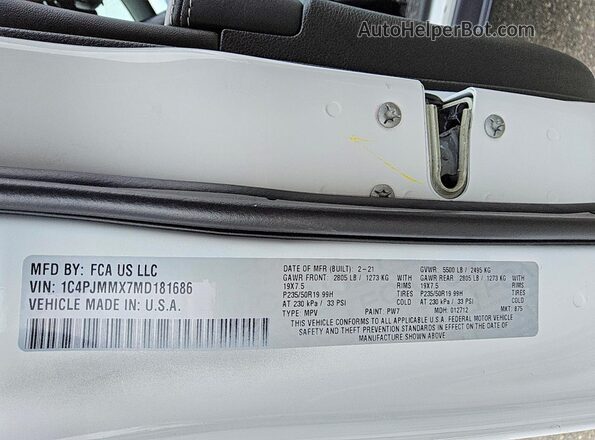 1C4PJMMX7MD181686 2021 JEEP CHEROKEE White VIN կոդի պիտակի տեսք