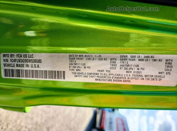1C4PJXDG9SW536585 2025 JEEP WRANGLER Зеленый Вид наклейки с VIN-кодом