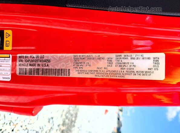 1C4PJXFG9TW244255 2026 JEEP WRANGLER Красный Вид наклейки с VIN-кодом