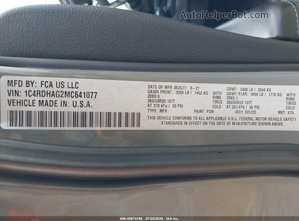 1C4RDHAG2MC641077 2021 DODGE DURANGO Gray Vista del compartimento del motor