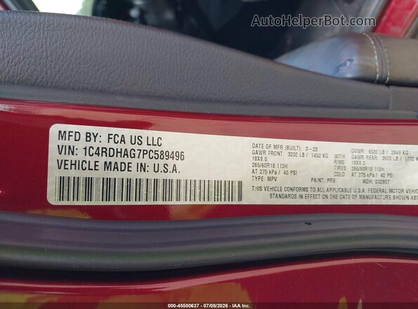 1C4RDHAG7PC589496 2023 DODGE DURANGO Maroon Vista del compartimento del motor
