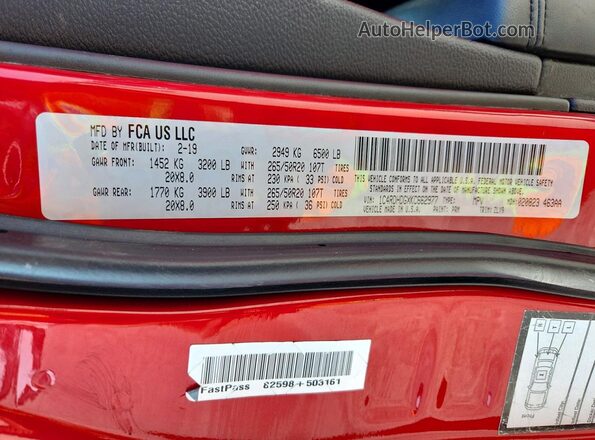 1C4RDHDGXKC662977 2019 DODGE DURANGO Red VIN კოდის სტიკერის ხედი