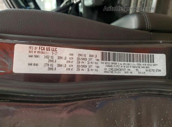 1C4RDJDG0HC907477 2017 DODGE DURANGO Gray VIN კოდის სტიკერის ხედი