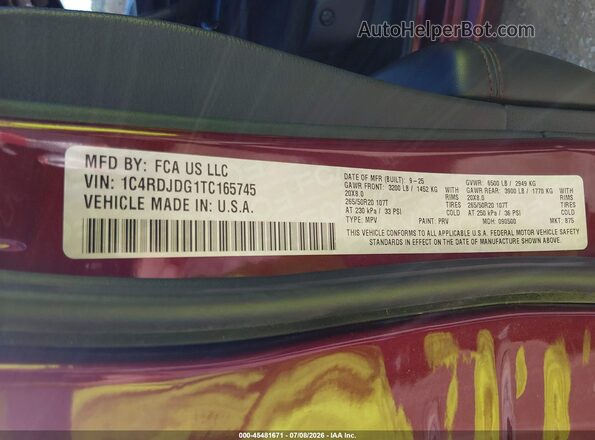 1C4RDJDG1TC165745 2026 DODGE DURANGO Burgundy ძრავის განყოფილების ხედი