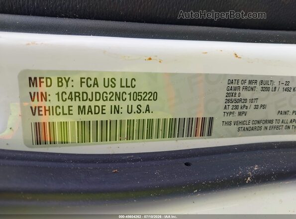 1C4RDJDG2NC105220 2022 DODGE DURANGO White Vista del compartimento del motor