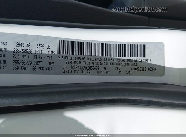 1C4RDJDG5KC853438 2019 DODGE DURANGO Белый Вид подкапотного пространства