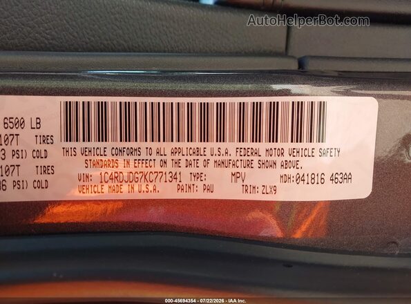 1C4RDJDG7KC771341 2019 DODGE DURANGO Gray Շարժիչի բաժամունքի տեսք