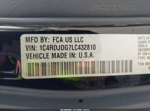 1C4RDJDG7LC432810 2020 DODGE DURANGO Black Widok komory silnika