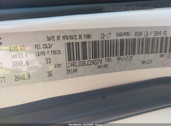 1C4RDJDG8JC242270 2018 DODGE DURANGO Белый Вид подкапотного пространства