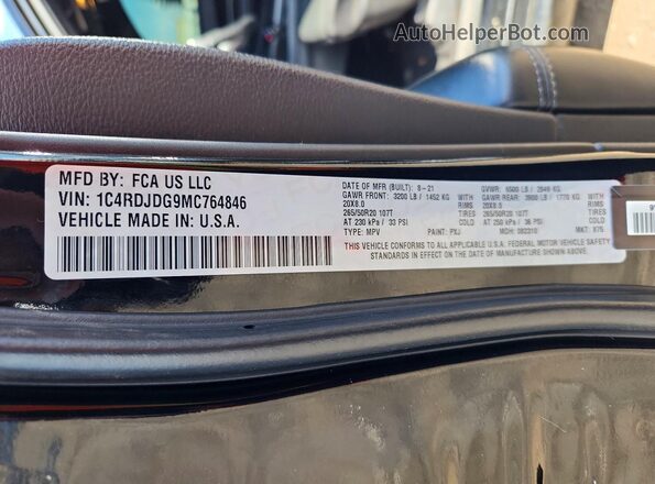 1C4RDJDG9MC764846 2021 DODGE DURANGO Black VIN կոդի պիտակի տեսք