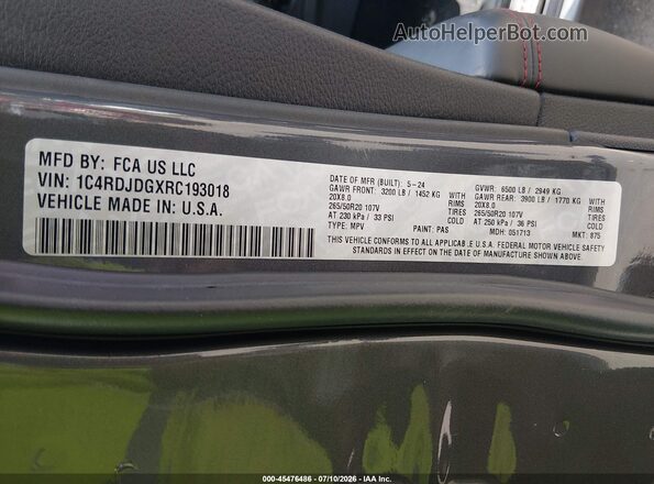 1C4RDJDGXRC193018 2024 DODGE DURANGO Серый Вид подкапотного пространства