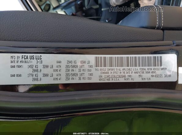 1C4RDJEG8JC362648 2018 DODGE DURANGO Black Вид підкапотного простору