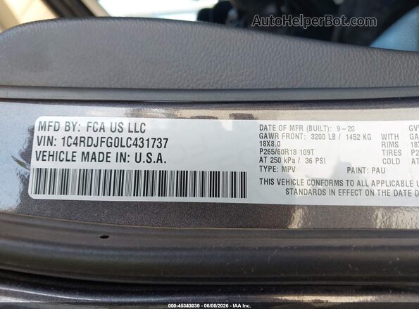 1C4RDJFG0LC431737 2020 DODGE DURANGO Gray Vista del compartimento del motor