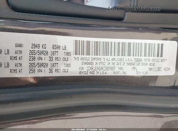 1C4RJEAG0KC597097 2019 JEEP GRAND CHEROKEE Серый Вид подкапотного пространства