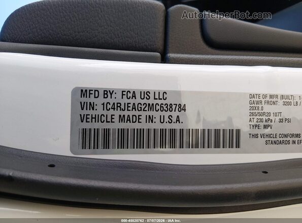 1C4RJEAG2MC638784 2021 JEEP GRAND CHEROKEE White Widok komory silnika