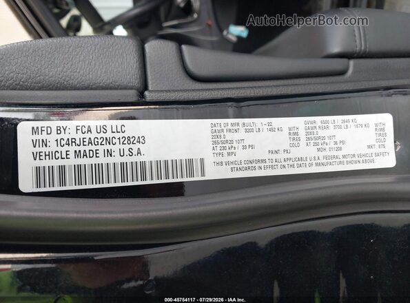 1C4RJEAG2NC128243 2022 JEEP GRAND CHEROKEE WK Black Widok komory silnika