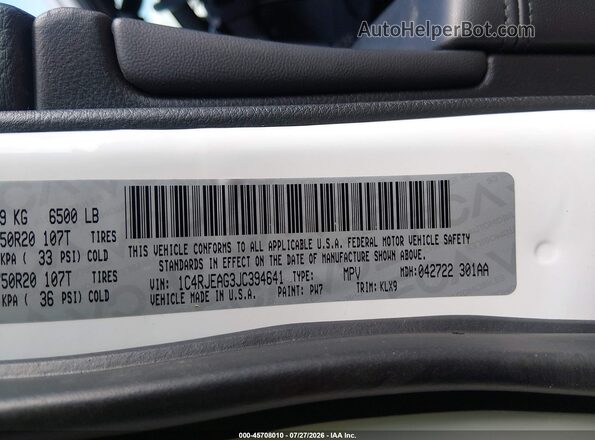 1C4RJEAG3JC394641 2018 JEEP GRAND CHEROKEE White Շարժիչի բաժամունքի տեսք