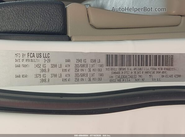 1C4RJEBG0LC348153 2020 JEEP GRAND CHEROKEE Белый Вид подкапотного пространства