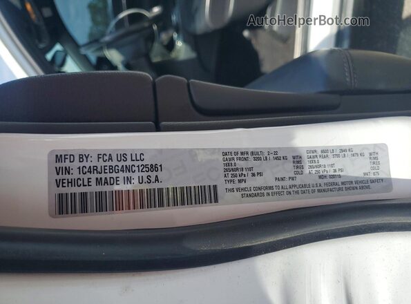 1C4RJEBG4NC125861 2022 JEEP GRAND White VIN კოდის სტიკერის ხედი