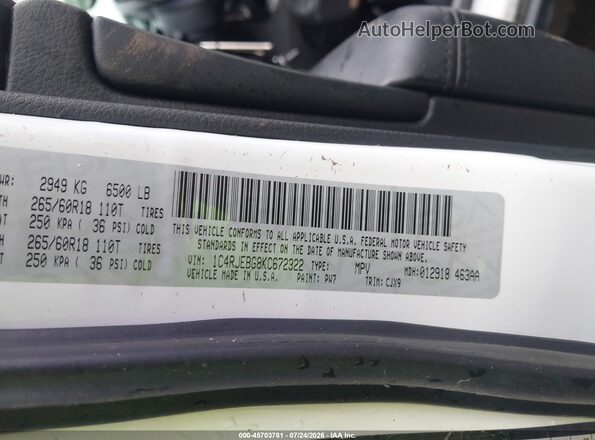 1C4RJEBG8KC672322 2019 JEEP GRAND CHEROKEE Белый Вид подкапотного пространства