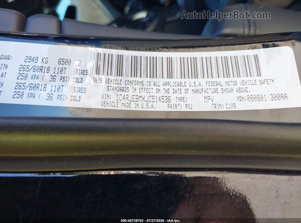 1C4RJEBMXJC514536 2018 JEEP GRAND CHEROKEE Black Շարժիչի բաժամունքի տեսք