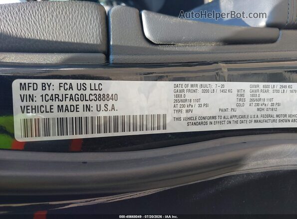 1C4RJFAG0LC388840 2020 JEEP GRAND CHEROKEE Черный Вид подкапотного пространства