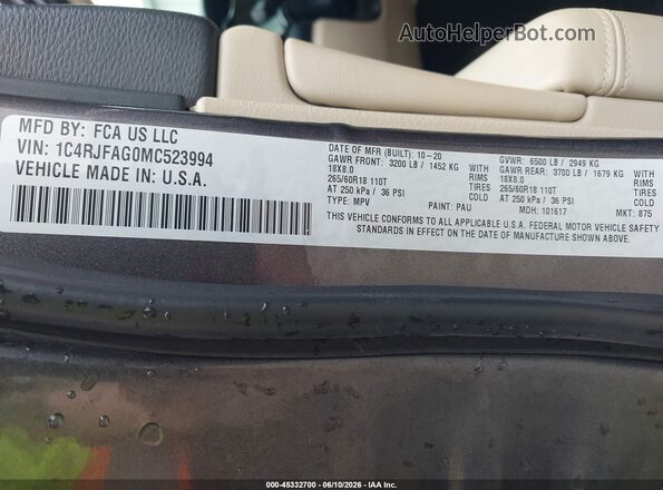1C4RJFAG0MC523994 2021 JEEP GRAND CHEROKEE Gray Շարժիչի բաժամունքի տեսք