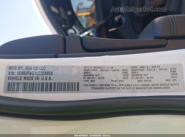 1C4RJFAG1LC358858 2020 JEEP GRAND CHEROKEE White Widok komory silnika