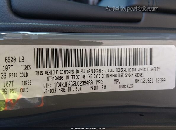 1C4RJFAG2LC239460 2020 JEEP GRAND CHEROKEE Gray Շարժիչի բաժամունքի տեսք