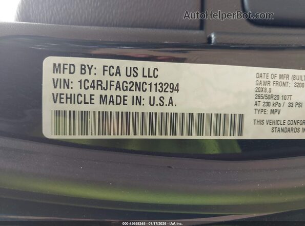 1C4RJFAG2NC113294 2022 JEEP GRAND CHEROKEE WK Черный Вид подкапотного пространства