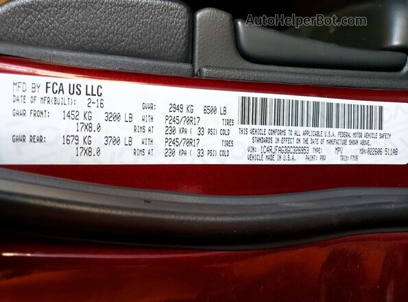 1C4RJFAG3GC326953 2016 JEEP GRAND Burgundy Widok naklejki z numerem VIN