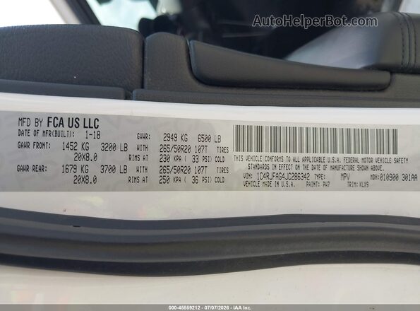 1C4RJFAG4JC286342 2018 JEEP GRAND CHEROKEE White Շարժիչի բաժամունքի տեսք