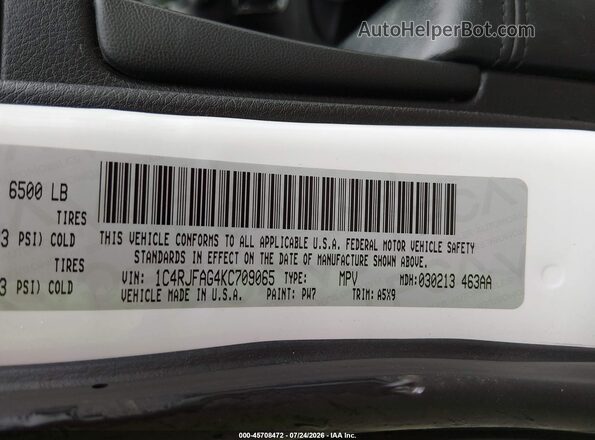 1C4RJFAG4KC709065 2019 JEEP GRAND CHEROKEE White ძრავის განყოფილების ხედი