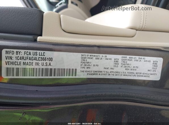 1C4RJFAG4LC366100 2020 JEEP GRAND CHEROKEE Gray Вид підкапотного простору