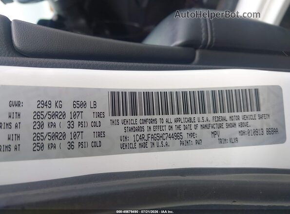 1C4RJFAG5HC744965 2017 JEEP GRAND CHEROKEE White Widok komory silnika