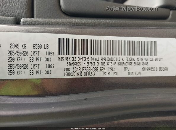 1C4RJFAG6HC881624 2017 JEEP GRAND CHEROKEE Gray Շարժիչի բաժամունքի տեսք