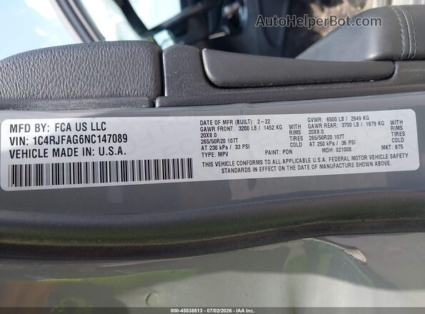 1C4RJFAG6NC147089 2022 JEEP GRAND CHEROKEE WK Gray ძრავის განყოფილების ხედი