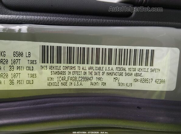 1C4RJFAG8LC299047 2020 JEEP GRAND CHEROKEE Gray ძრავის განყოფილების ხედი