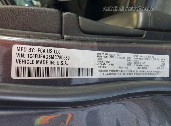 1C4RJFAG8MC780689 2021 JEEP GRAND Gray Widok naklejki z numerem VIN