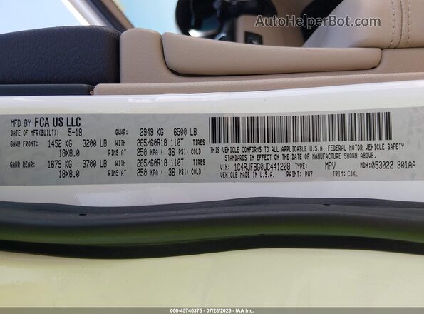 1C4RJFBG0JC441208 2018 JEEP GRAND CHEROKEE White Շարժիչի բաժամունքի տեսք