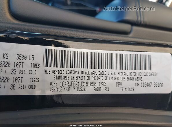 1C4RJFBG1JC191090 2018 JEEP GRAND CHEROKEE Black Вид підкапотного простору