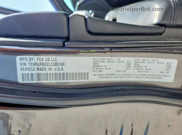 1C4RJFBG2LC385100 2020 JEEP GRAND Gray VIN կոդի պիտակի տեսք