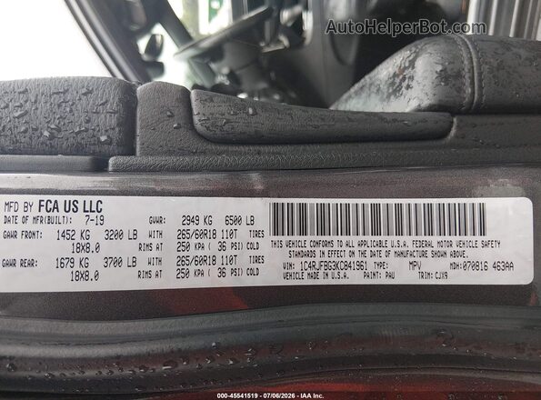 1C4RJFBG3KC841961 2019 JEEP GRAND CHEROKEE Gray VIN կոդի պիտակի տեսք